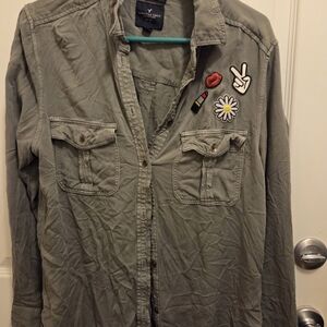American Eagle Outfitters Olive Military Shirt Jacket with Embroidered Patches